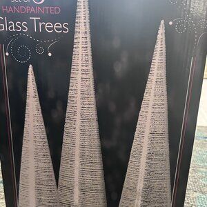 Set Of 3 Glass Christmas Trees Hand Painted - In Box 11", 12.75, 14.75"